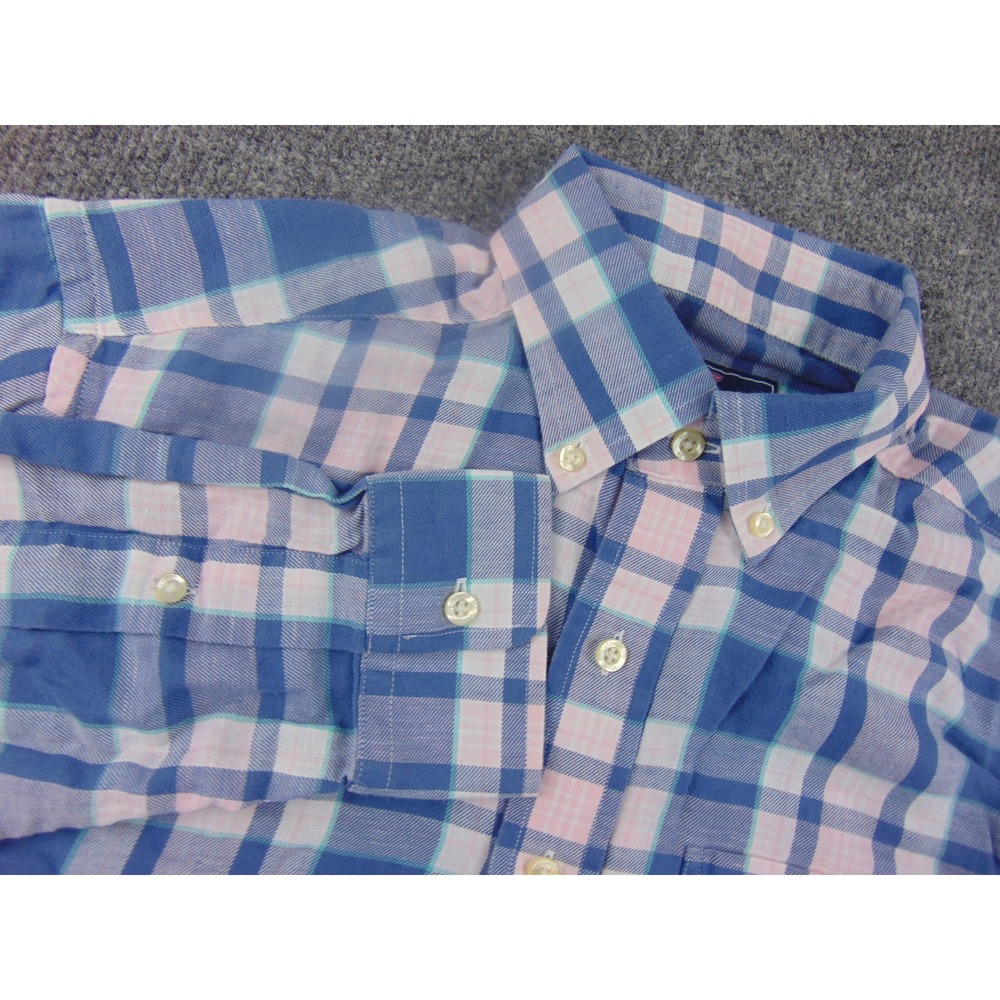 Vineyard Vines Murray Shirt Mens Small Blue Pink Plaid Cotton Linen Preppy‎